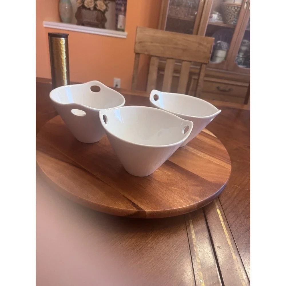 Crate & Barrel Bowls Set Of 2 Fine White Porcelain Handled Multi-Use